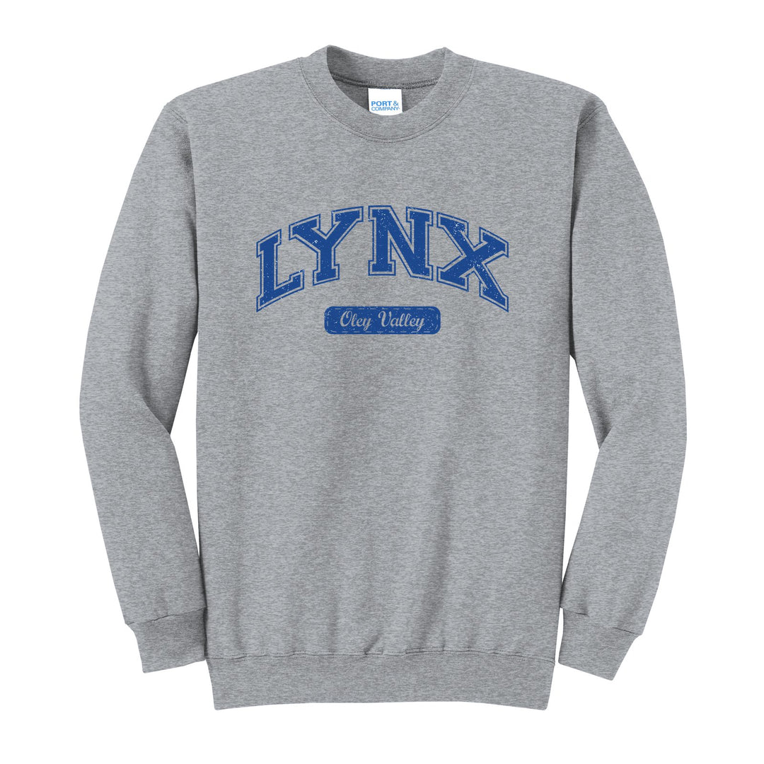 Oley Valley Lynx Varsity Arch crewneck sweatshirt in Athletic Heather: arched varsity LYNX lettering over an Oley Valley script badge