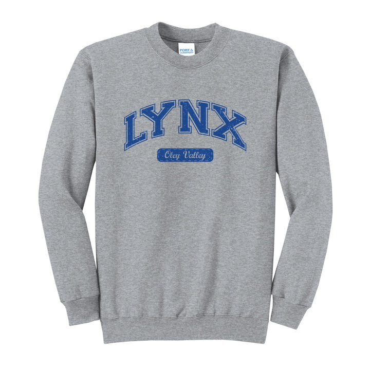 Oley Valley Lynx Varsity Arch crewneck sweatshirt in Athletic Heather: arched varsity LYNX lettering over an Oley Valley script badge