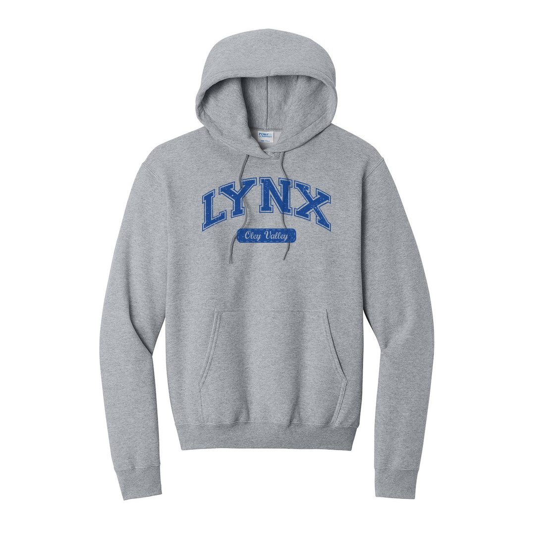 Oley Valley Lynx Varsity Arch hoodie in Athletic Heather: arched varsity LYNX lettering over an Oley Valley script badge