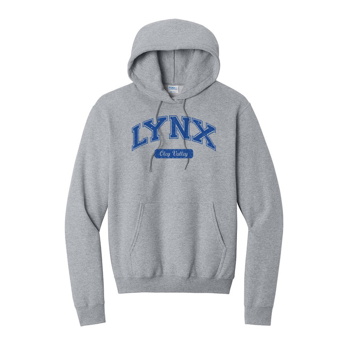 Oley Valley Lynx Varsity Arch hoodie in Athletic Heather: arched varsity LYNX lettering over an Oley Valley script badge