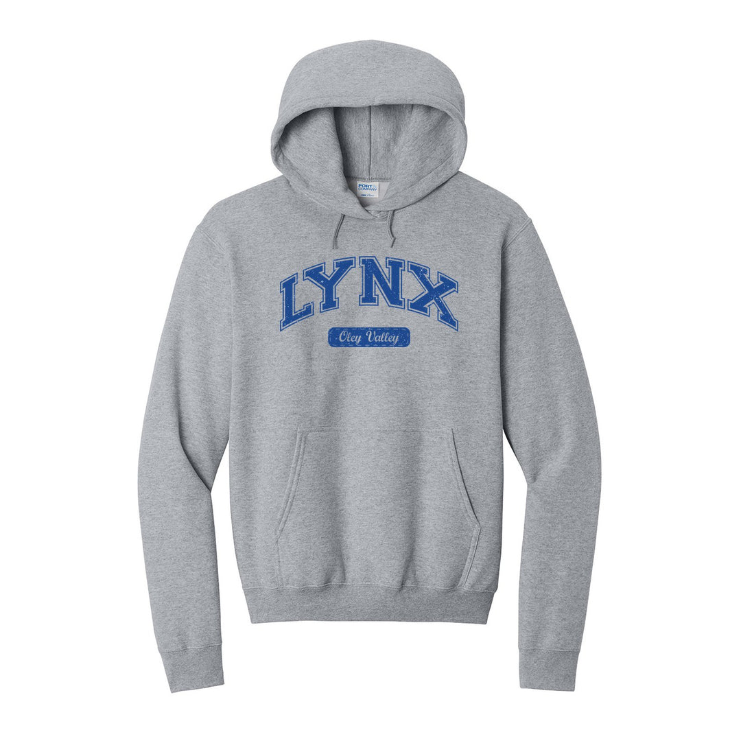 Oley Valley Lynx Varsity Arch hoodie in Athletic Heather: arched varsity LYNX lettering over an Oley Valley script badge