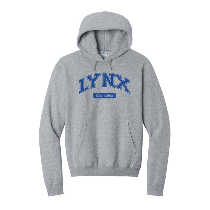 Oley Valley Lynx Varsity Arch hoodie in Athletic Heather: arched varsity LYNX lettering over an Oley Valley script badge