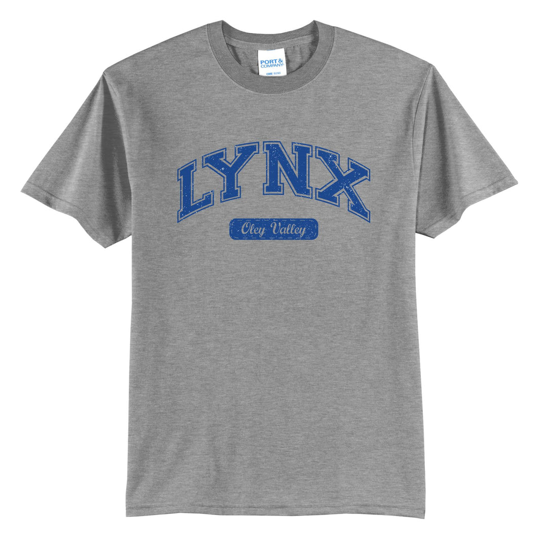 Oley Valley Lynx Varsity Arch t-shirt in Athletic Heather: arched varsity LYNX lettering over an Oley Valley script badge