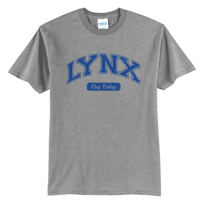 Oley Valley Lynx Varsity Arch t-shirt in Athletic Heather: arched varsity LYNX lettering over an Oley Valley script badge