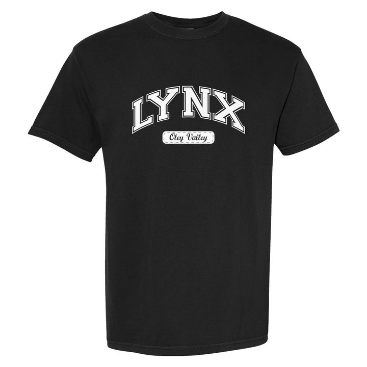 Oley Valley Lynx Varsity Arch comfort colors t-shirt in Black: arched varsity LYNX lettering over an Oley Valley script badge