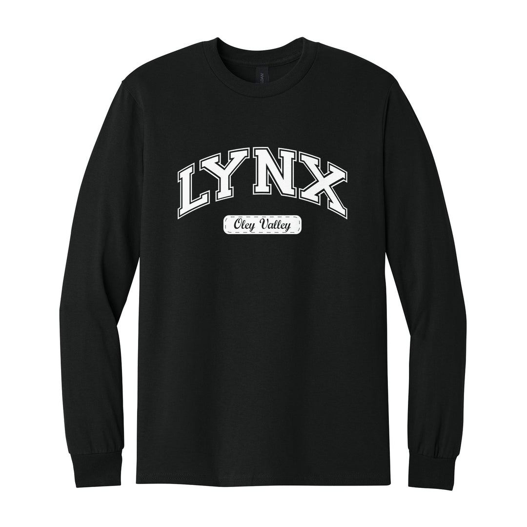 Oley Valley Lynx Varsity Arch long sleeve t-shirt in Black: arched varsity LYNX lettering over an Oley Valley script badge