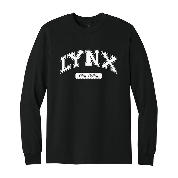 Oley Valley Lynx Varsity Arch long sleeve t-shirt in Black: arched varsity LYNX lettering over an Oley Valley script badge