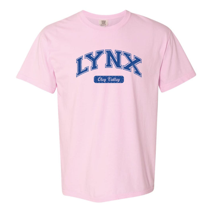 Oley Valley Lynx Varsity Arch comfort colors t-shirt in Blossom: arched varsity LYNX lettering over an Oley Valley script badge