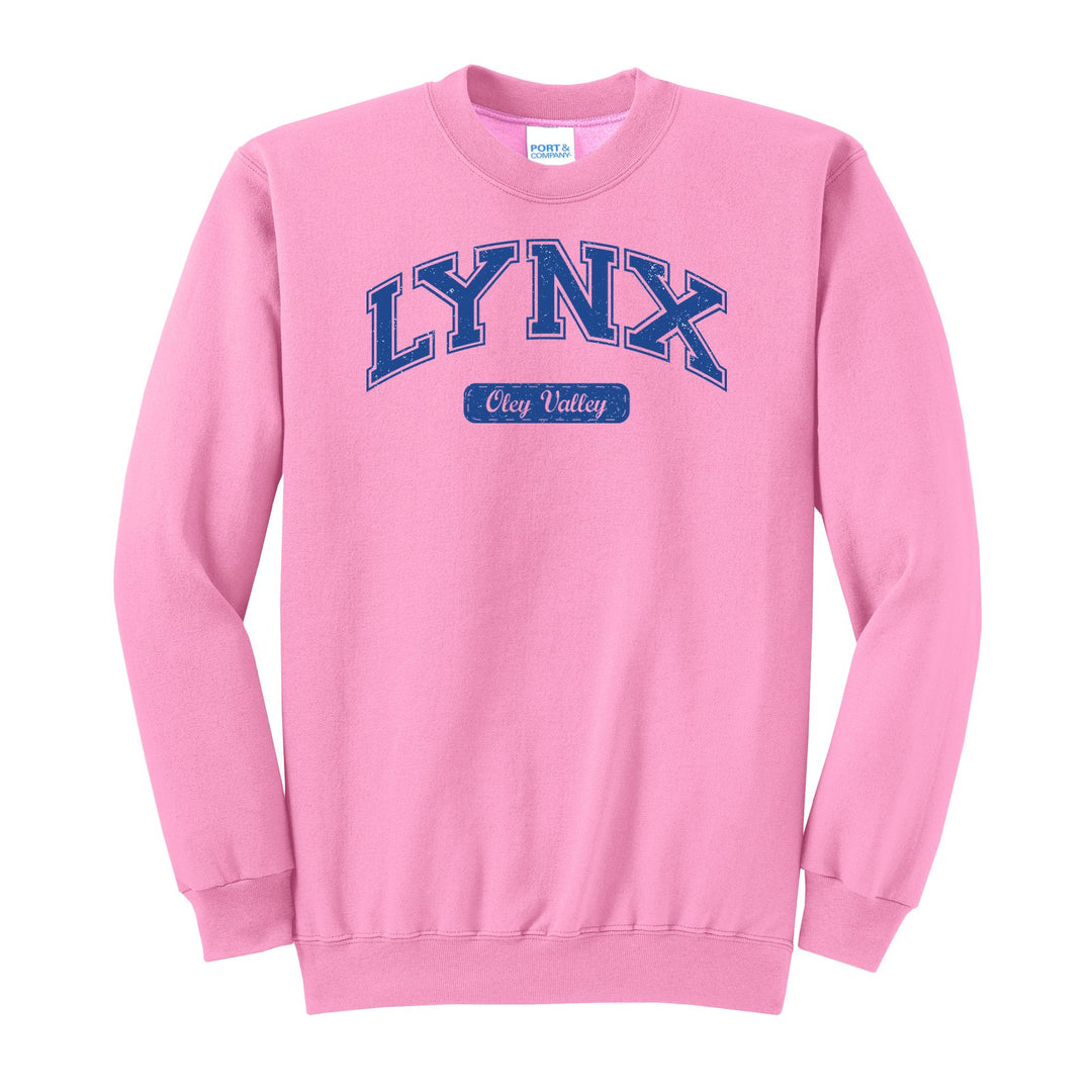 Oley Valley Lynx Varsity Arch crewneck sweatshirt in Candy Pink: arched varsity LYNX lettering over an Oley Valley script badge