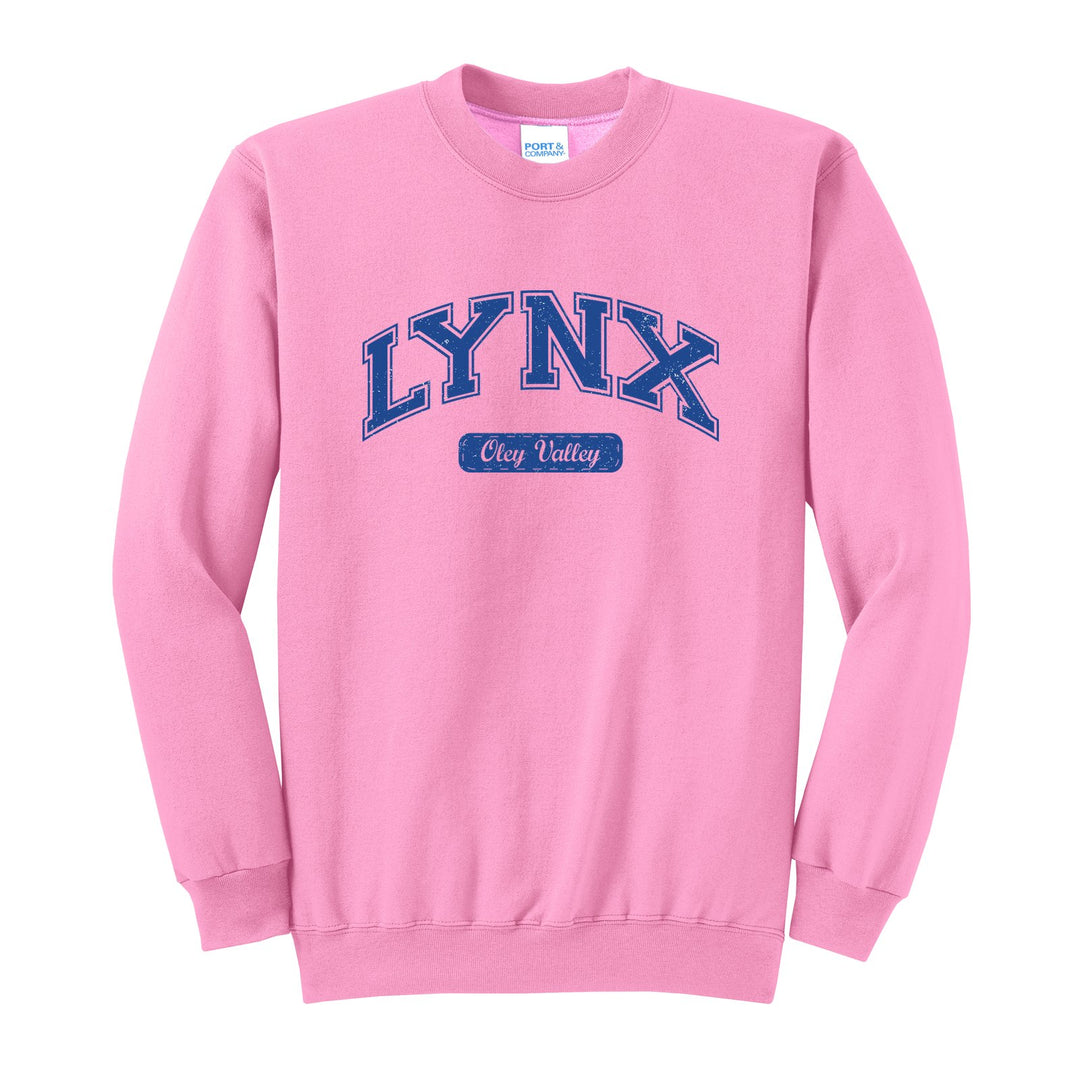 Oley Valley Lynx Varsity Arch crewneck sweatshirt in Candy Pink: arched varsity LYNX lettering over an Oley Valley script badge