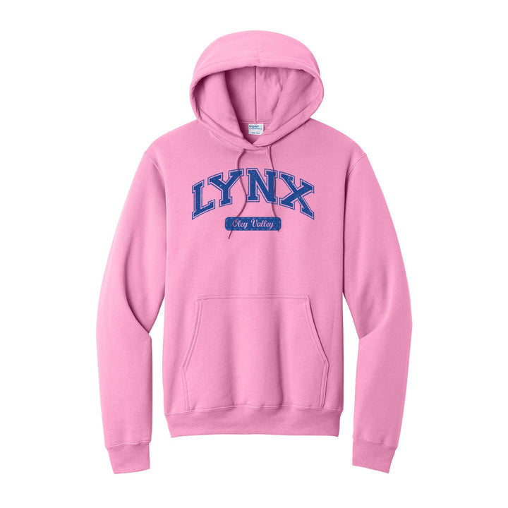 Oley Valley Lynx Varsity Arch hoodie in Candy Pink: arched varsity LYNX lettering over an Oley Valley script badge