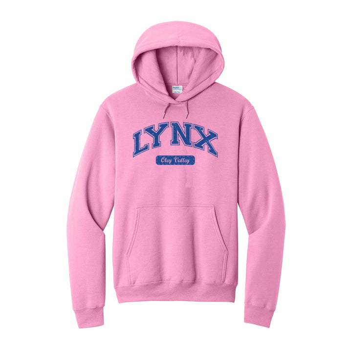 Oley Valley Lynx Varsity Arch hoodie in Candy Pink: arched varsity LYNX lettering over an Oley Valley script badge