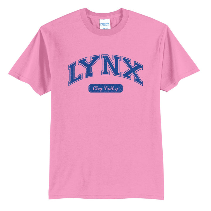 Oley Valley Lynx Varsity Arch t-shirt in Candy Pink: arched varsity LYNX lettering over an Oley Valley script badge