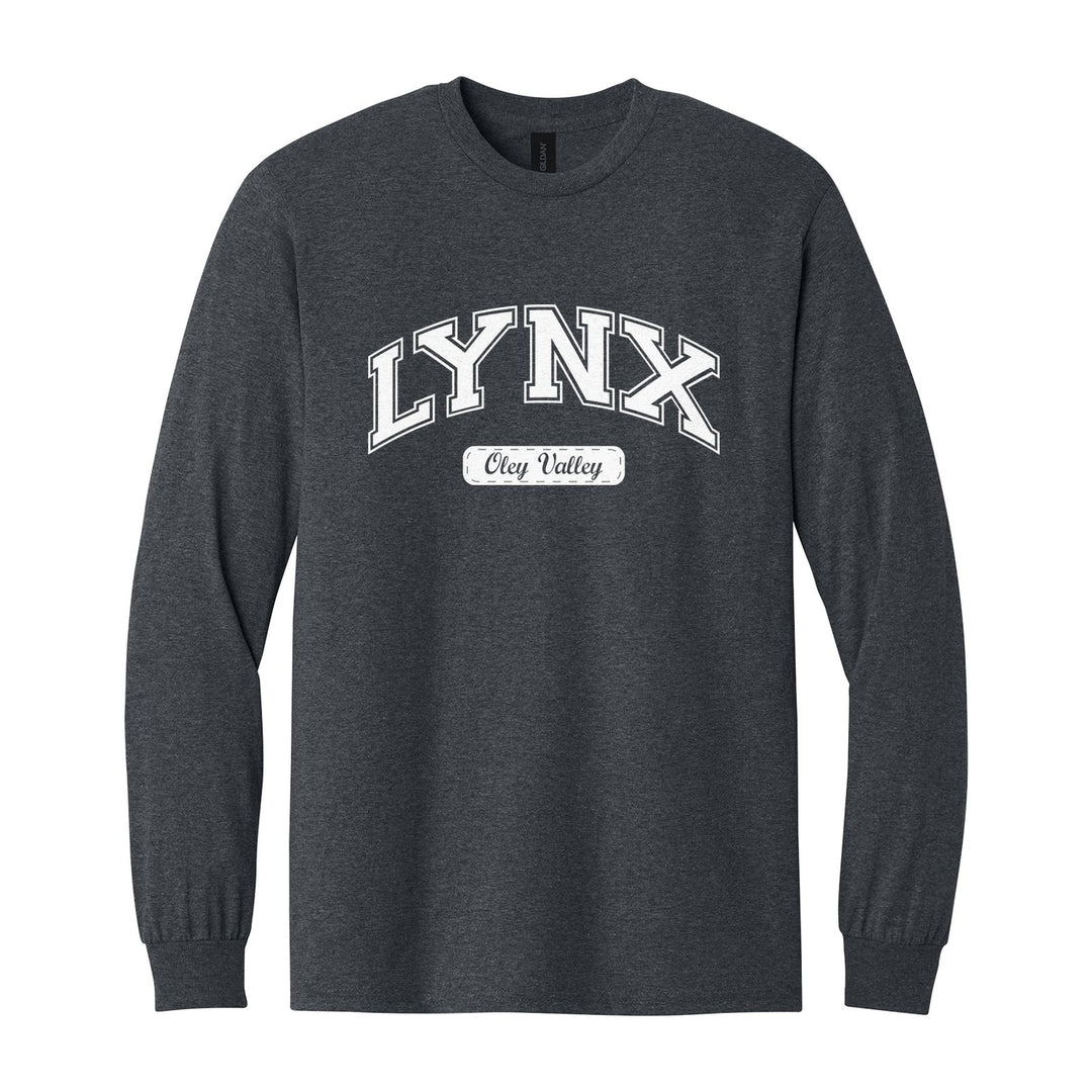 Oley Valley Lynx Varsity Arch long sleeve t-shirt in Dark Heather: arched varsity LYNX lettering over an Oley Valley script badge