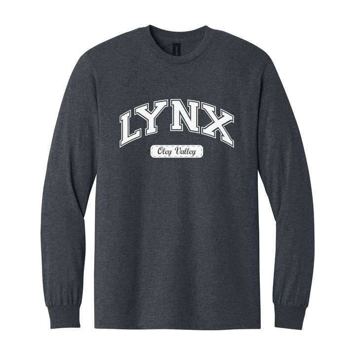 Oley Valley Lynx Varsity Arch long sleeve t-shirt in Dark Heather: arched varsity LYNX lettering over an Oley Valley script badge