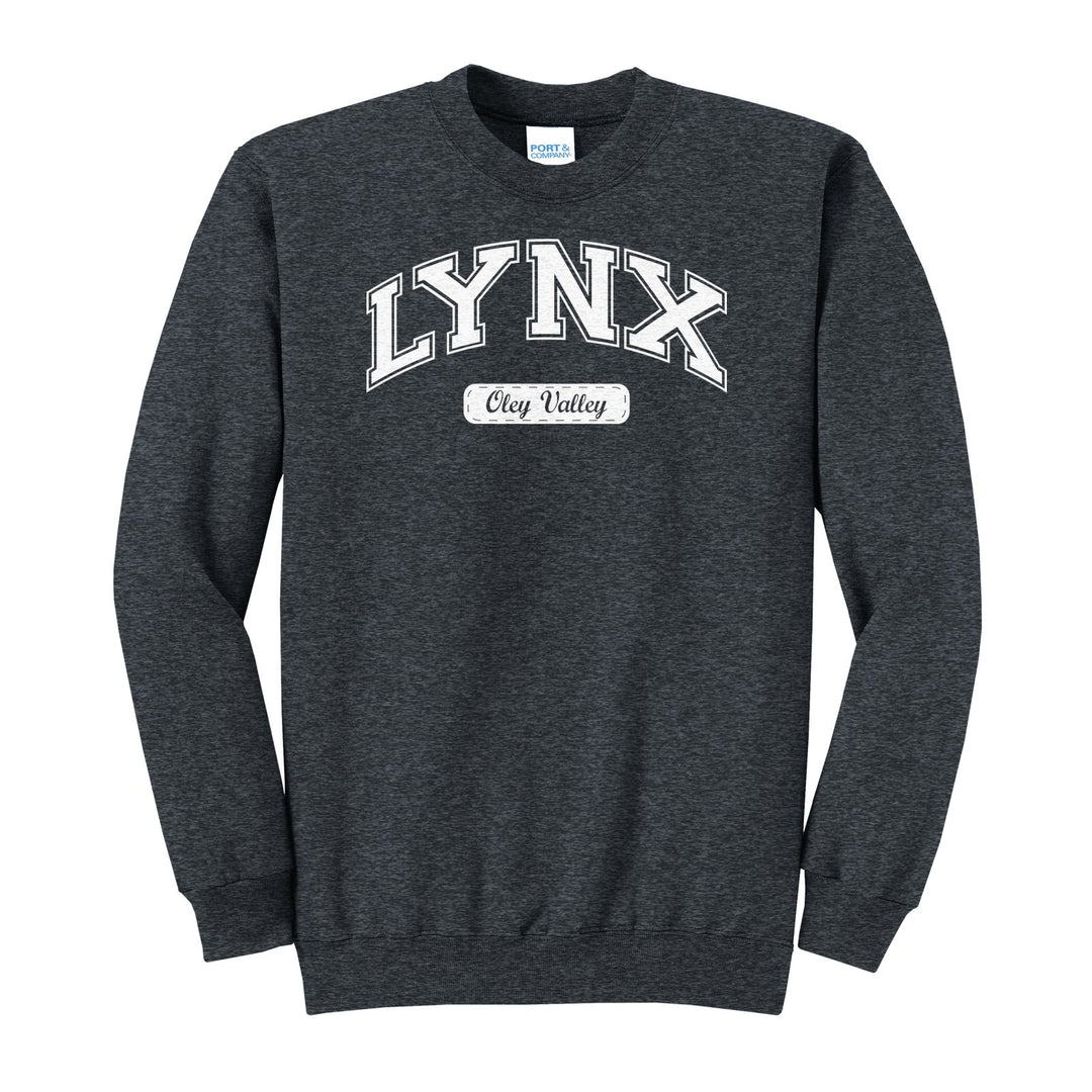 Oley Valley Lynx Varsity Arch crewneck sweatshirt in Dark Heather Grey: arched varsity LYNX lettering over an Oley Valley script badge