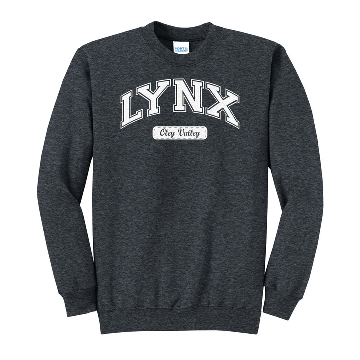 Oley Valley Lynx Varsity Arch crewneck sweatshirt in Dark Heather Grey: arched varsity LYNX lettering over an Oley Valley script badge
