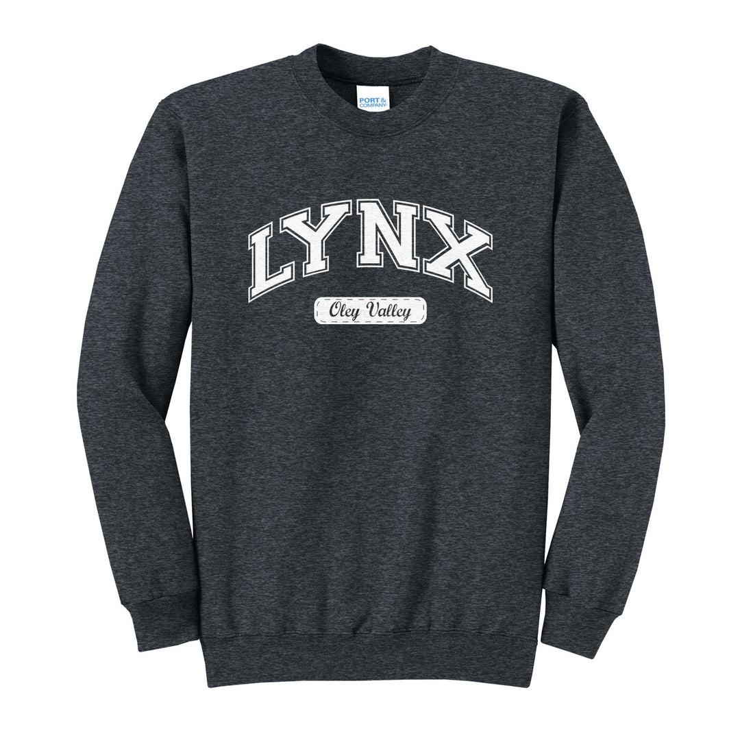 Oley Valley Lynx Varsity Arch crewneck sweatshirt in Dark Heather Grey: arched varsity LYNX lettering over an Oley Valley script badge