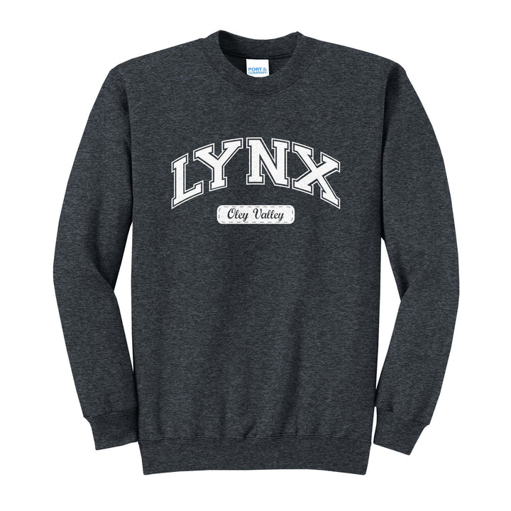 Oley Valley Lynx Varsity Arch crewneck sweatshirt in Dark Heather Grey: arched varsity LYNX lettering over an Oley Valley script badge
