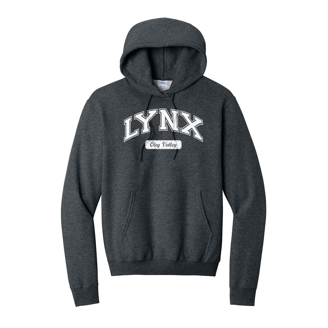 Oley Valley Lynx Varsity Arch hoodie in Dark Heather Grey: arched varsity LYNX lettering over an Oley Valley script badge