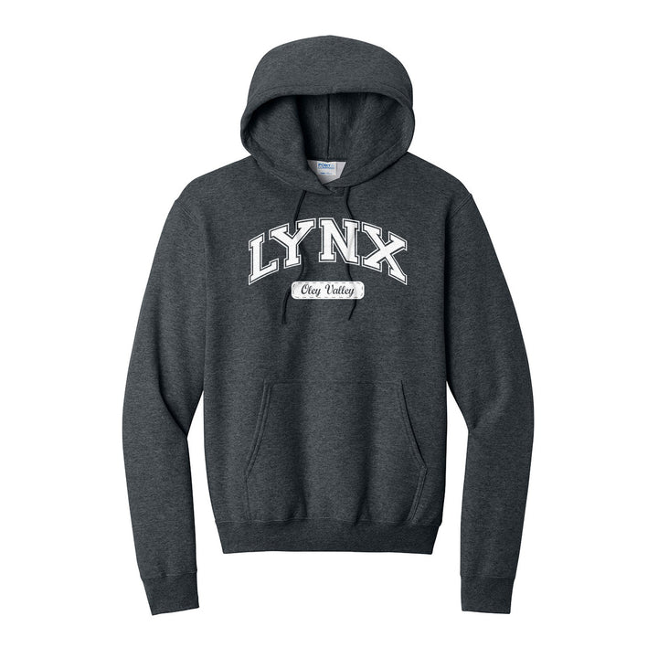 Oley Valley Lynx Varsity Arch hoodie in Dark Heather Grey: arched varsity LYNX lettering over an Oley Valley script badge