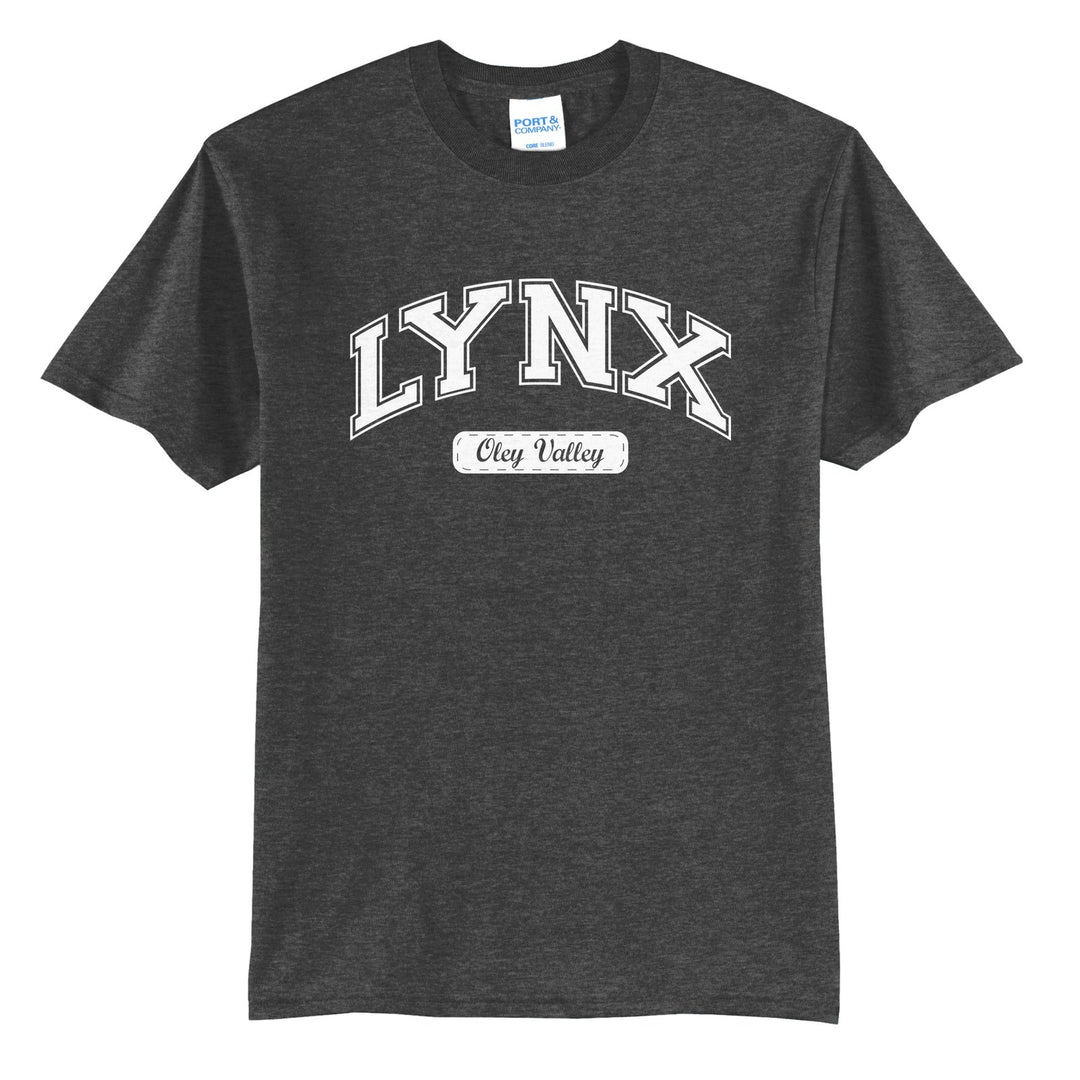 Oley Valley Lynx Varsity Arch t-shirt in Dark Heather Grey: arched varsity LYNX lettering over an Oley Valley script badge