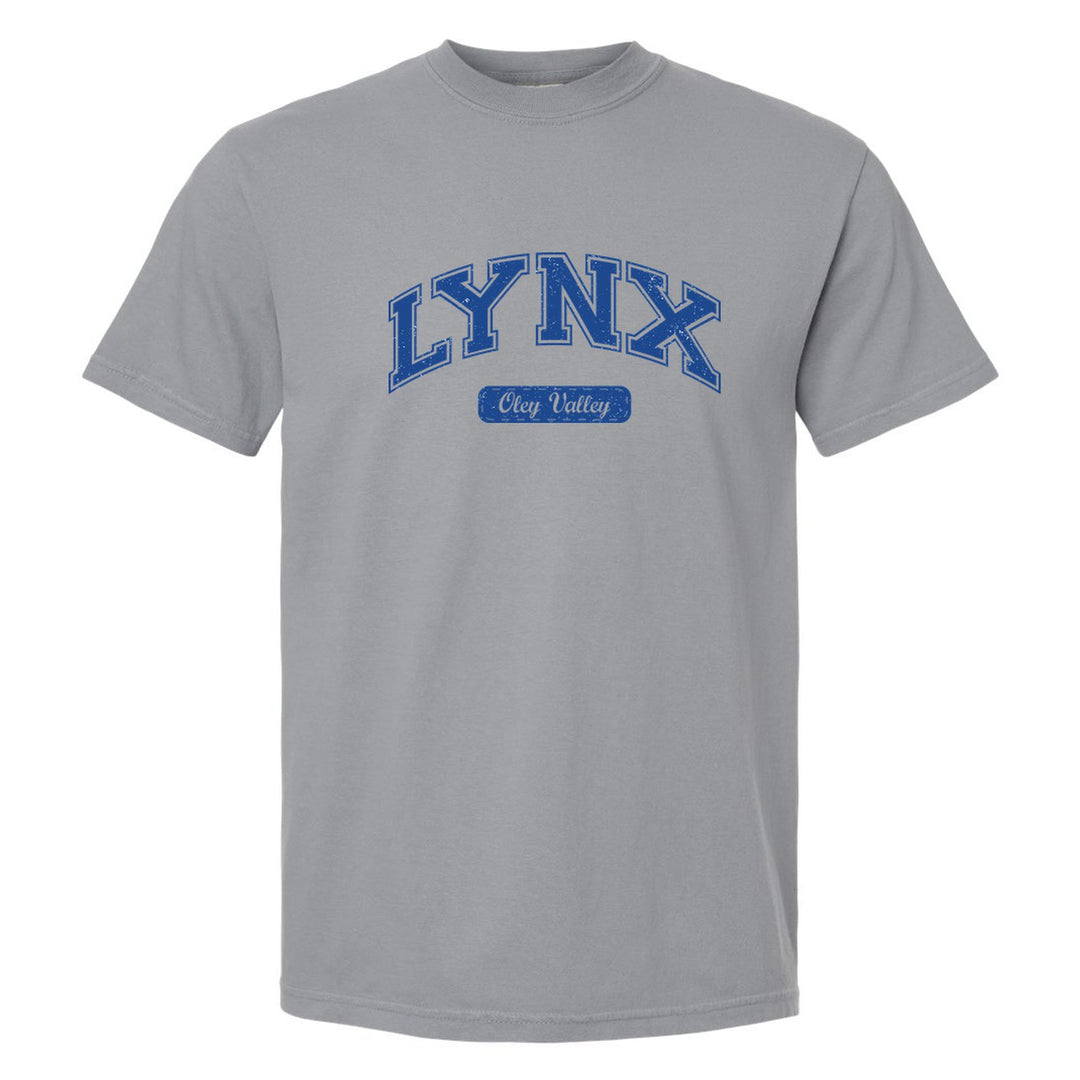 Oley Valley Lynx Varsity Arch comfort colors t-shirt in Granite: arched varsity LYNX lettering over an Oley Valley script badge