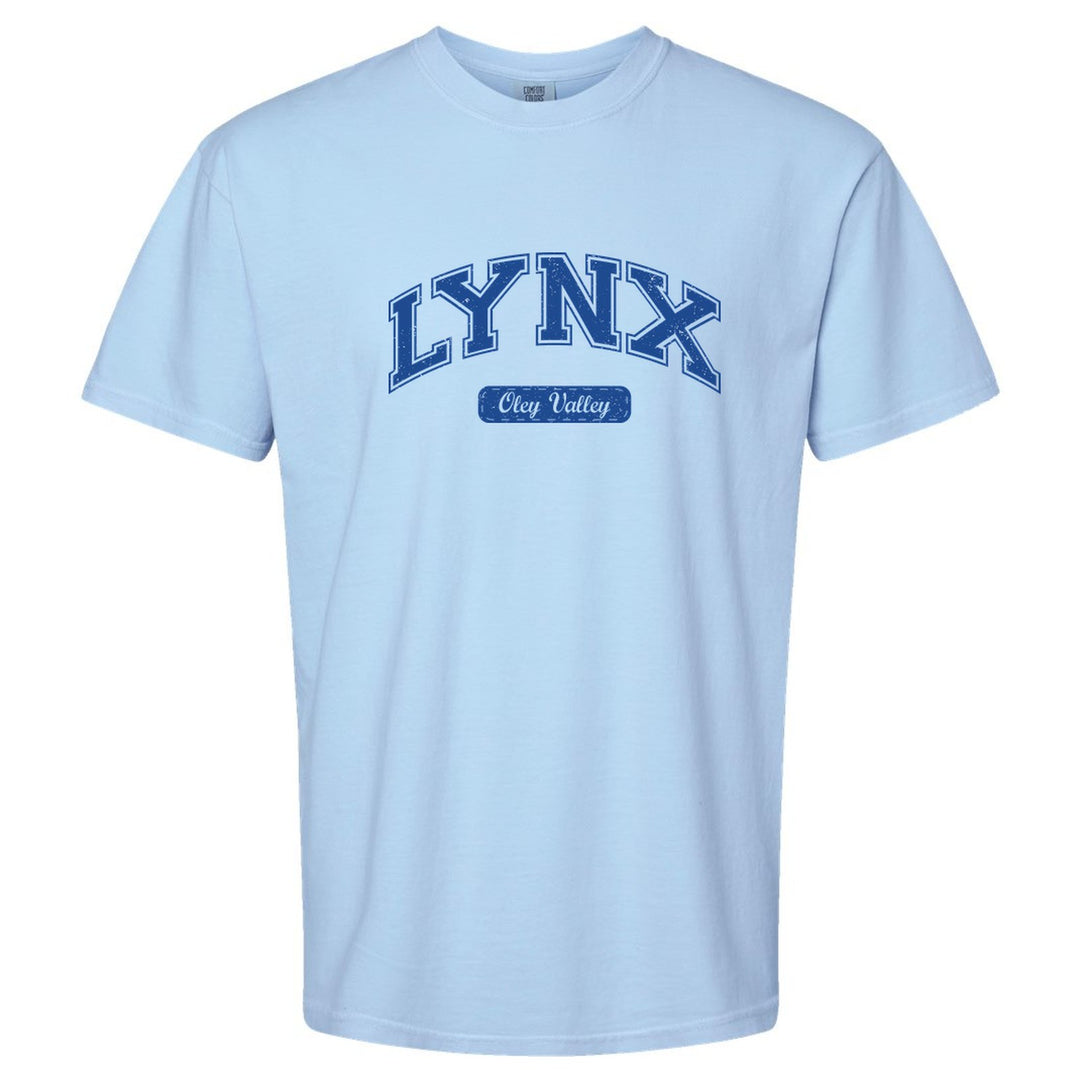 Oley Valley Lynx Varsity Arch comfort colors t-shirt in Hydrangea: arched varsity LYNX lettering over an Oley Valley script badge