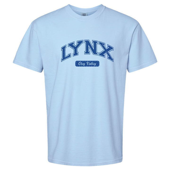 Oley Valley Lynx Varsity Arch comfort colors t-shirt in Hydrangea: arched varsity LYNX lettering over an Oley Valley script badge
