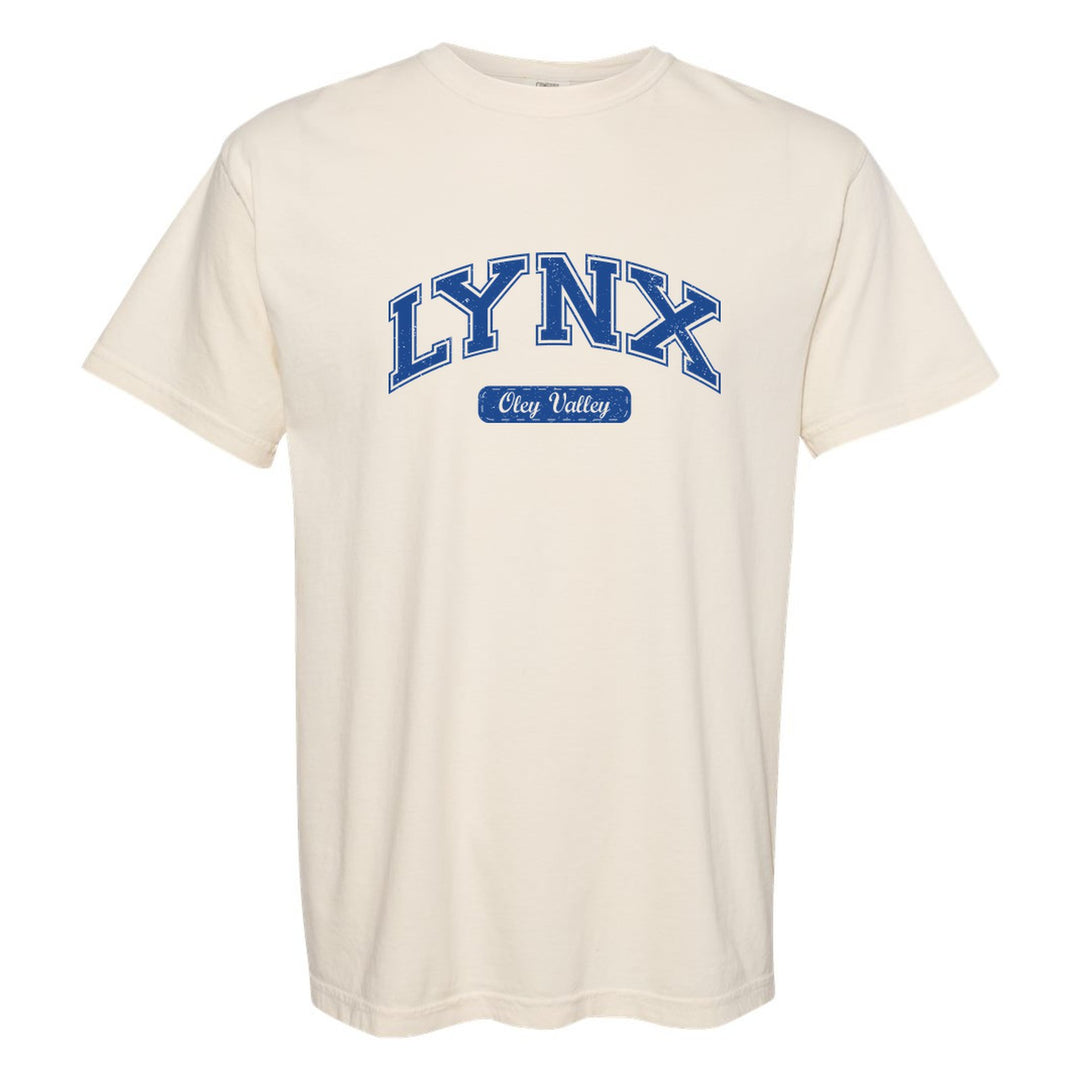 Oley Valley Lynx Varsity Arch comfort colors t-shirt in Ivory: arched varsity LYNX lettering over an Oley Valley script badge
