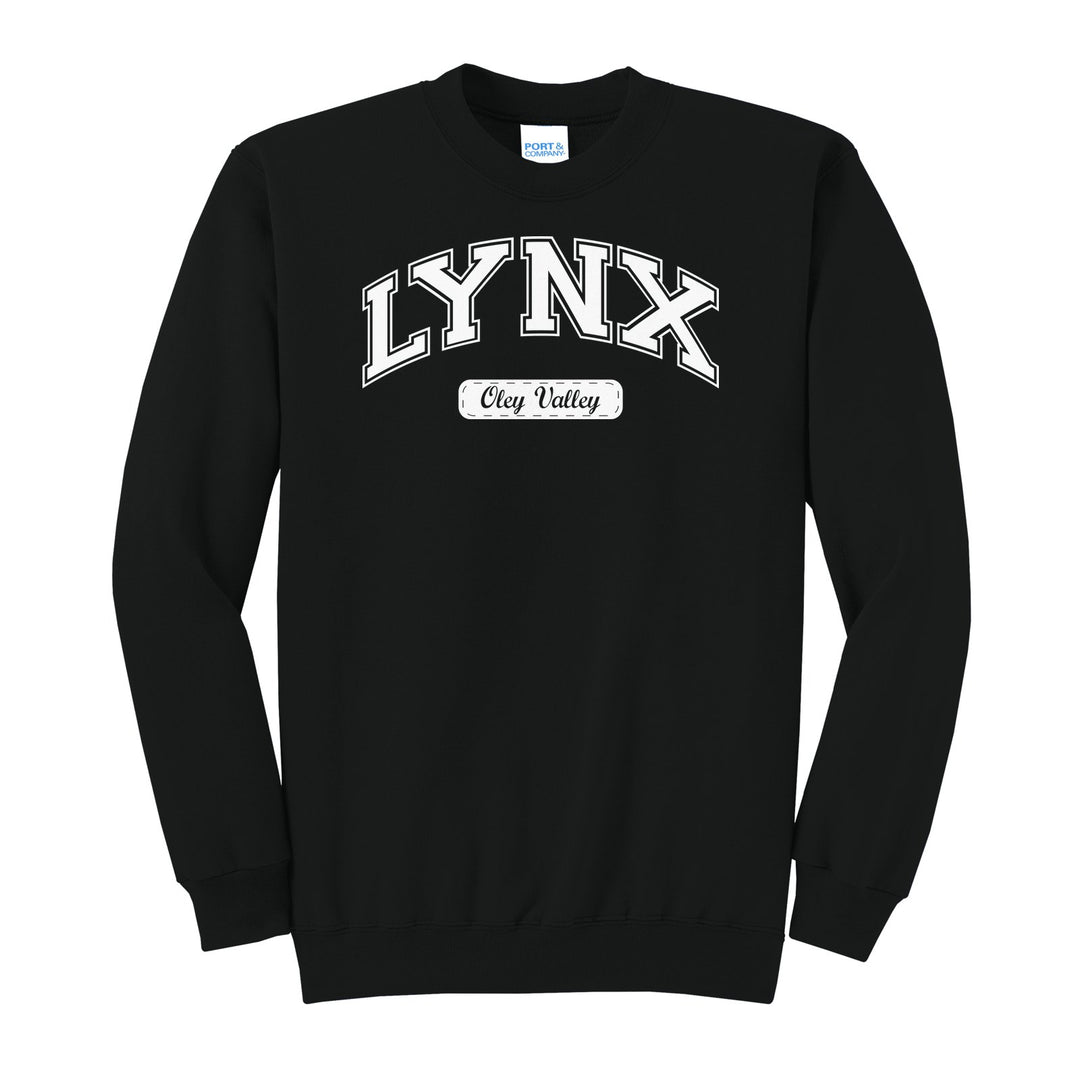 Oley Valley Lynx Varsity Arch crewneck sweatshirt in Jet Black: arched varsity LYNX lettering over an Oley Valley script badge