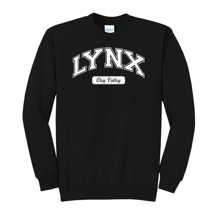 Oley Valley Lynx Varsity Arch crewneck sweatshirt in Jet Black: arched varsity LYNX lettering over an Oley Valley script badge