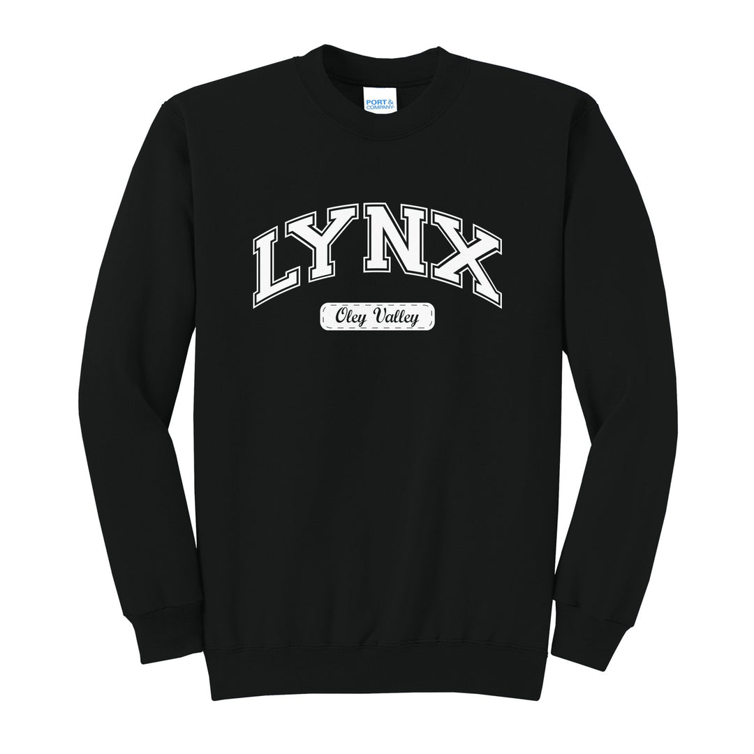 Oley Valley Lynx Varsity Arch crewneck sweatshirt in Jet Black: arched varsity LYNX lettering over an Oley Valley script badge