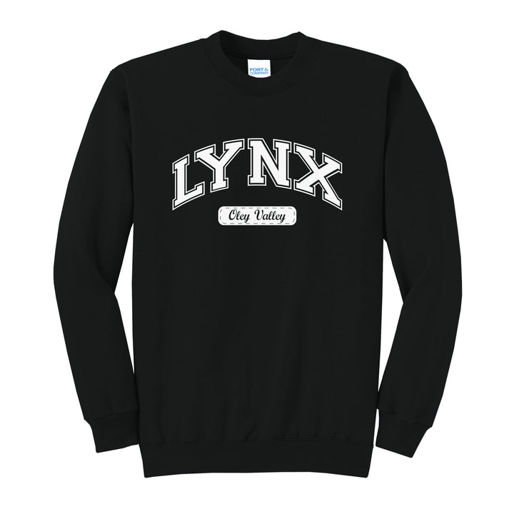 Oley Valley Lynx Varsity Arch crewneck sweatshirt in Jet Black: arched varsity LYNX lettering over an Oley Valley script badge