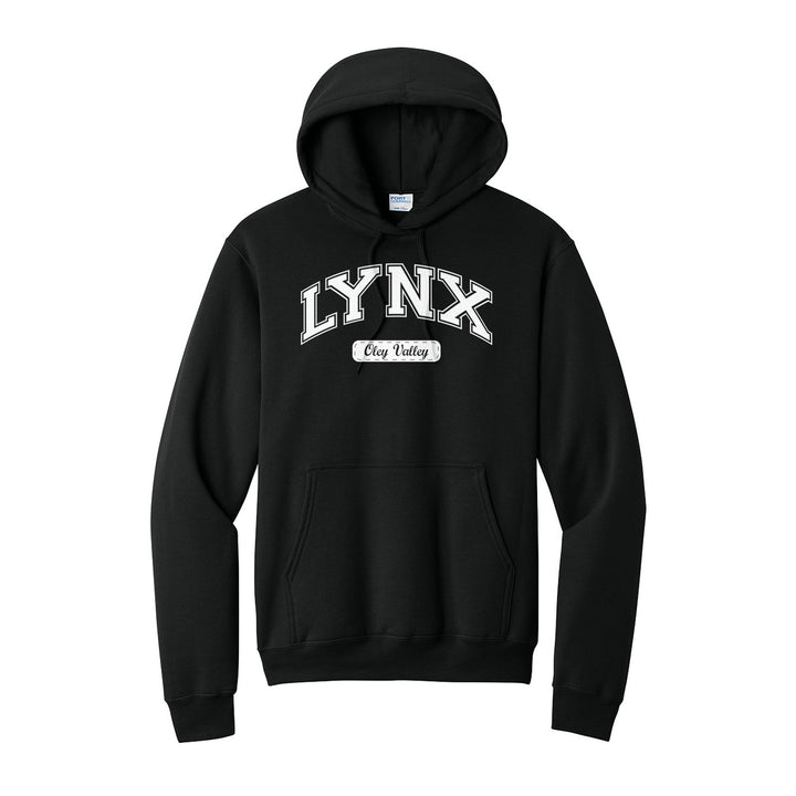 Oley Valley Lynx Varsity Arch hoodie in Jet Black: arched varsity LYNX lettering over an Oley Valley script badge