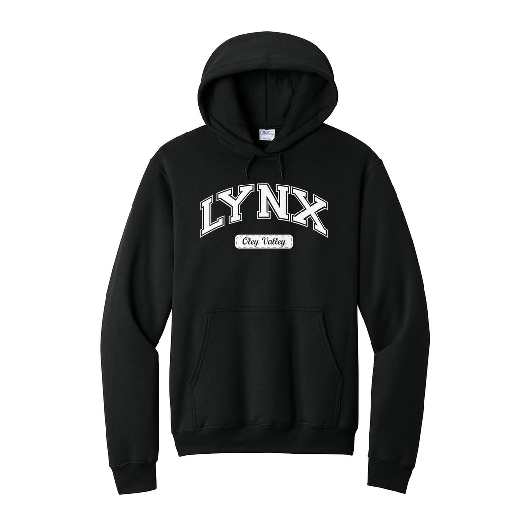 Oley Valley Lynx Varsity Arch hoodie in Jet Black: arched varsity LYNX lettering over an Oley Valley script badge