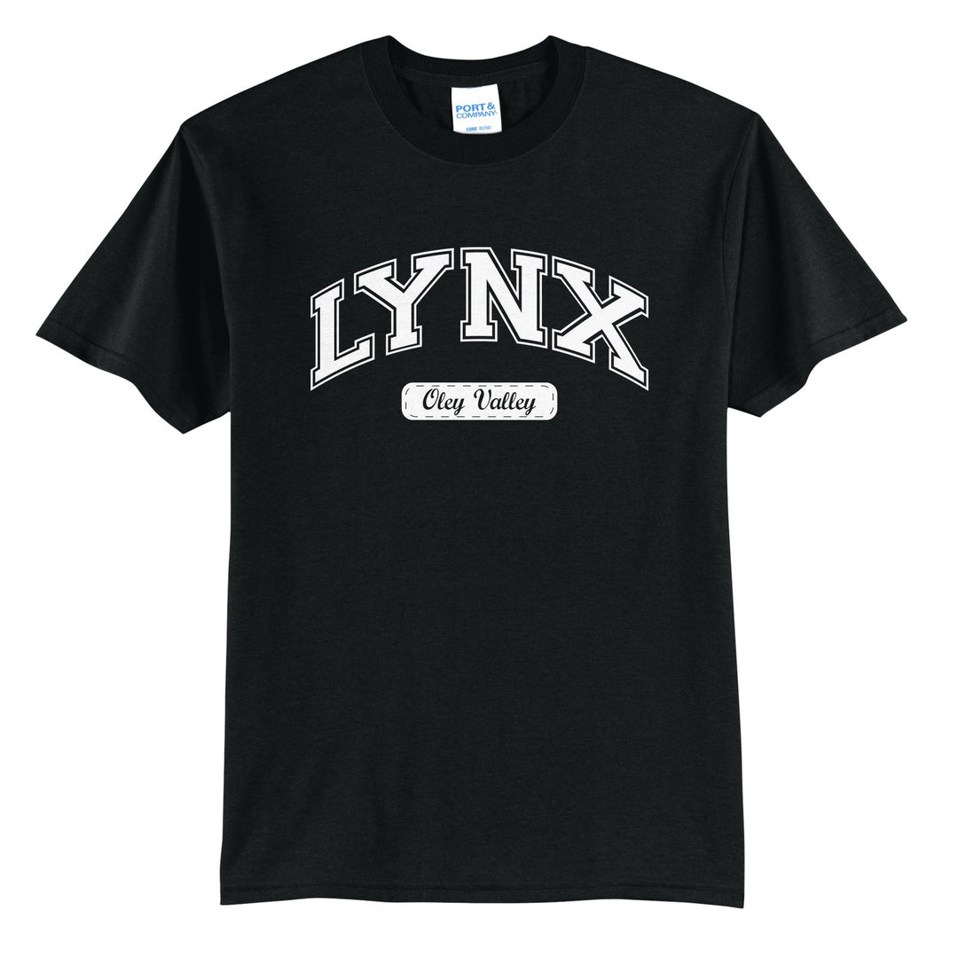 Oley Valley Lynx Varsity Arch t-shirt in Jet Black: arched varsity LYNX lettering over an Oley Valley script badge