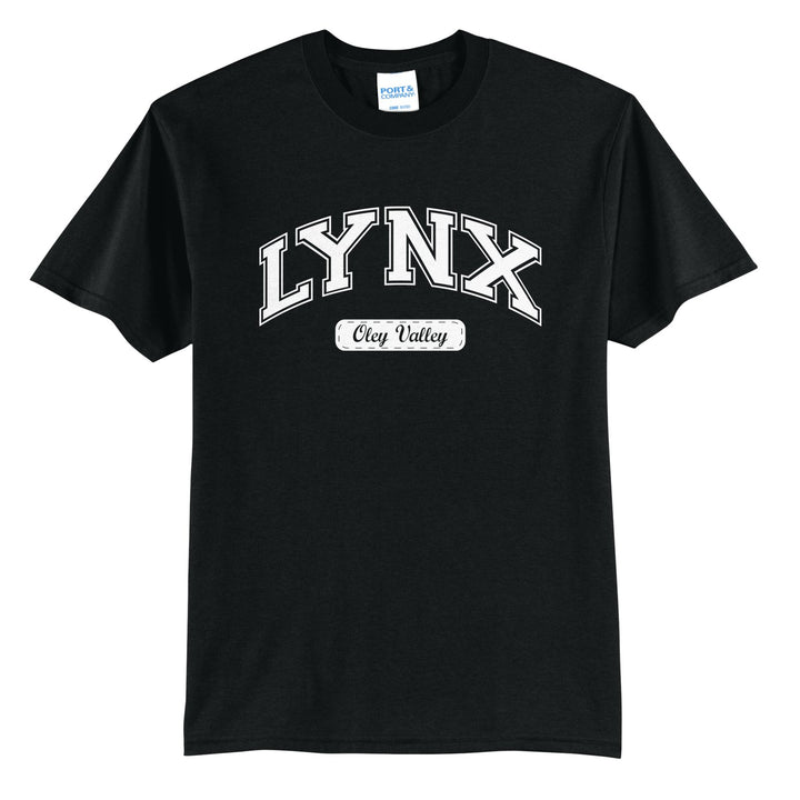 Oley Valley Lynx Varsity Arch t-shirt in Jet Black: arched varsity LYNX lettering over an Oley Valley script badge