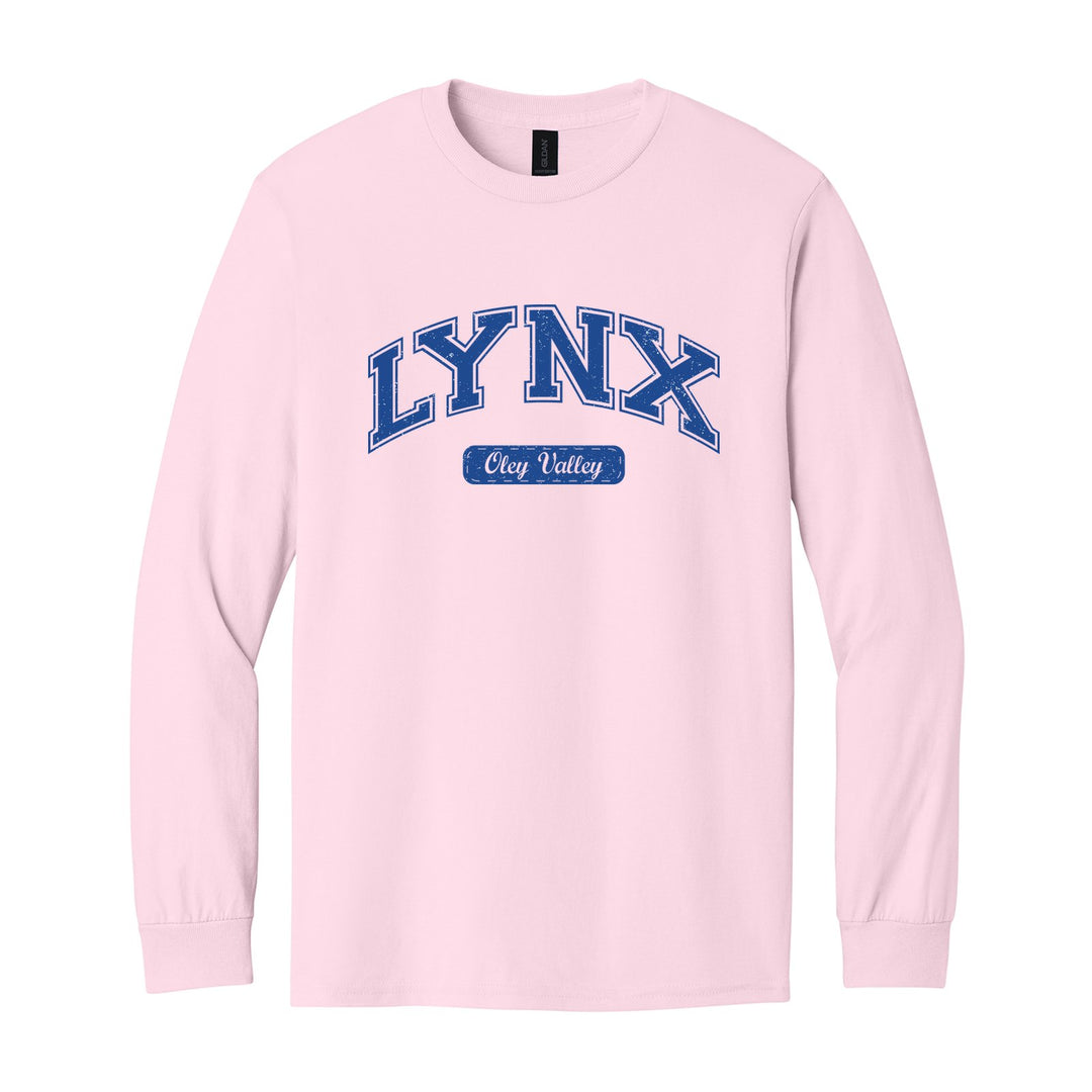 Oley Valley Lynx Varsity Arch long sleeve t-shirt in Light Pink: arched varsity LYNX lettering over an Oley Valley script badge