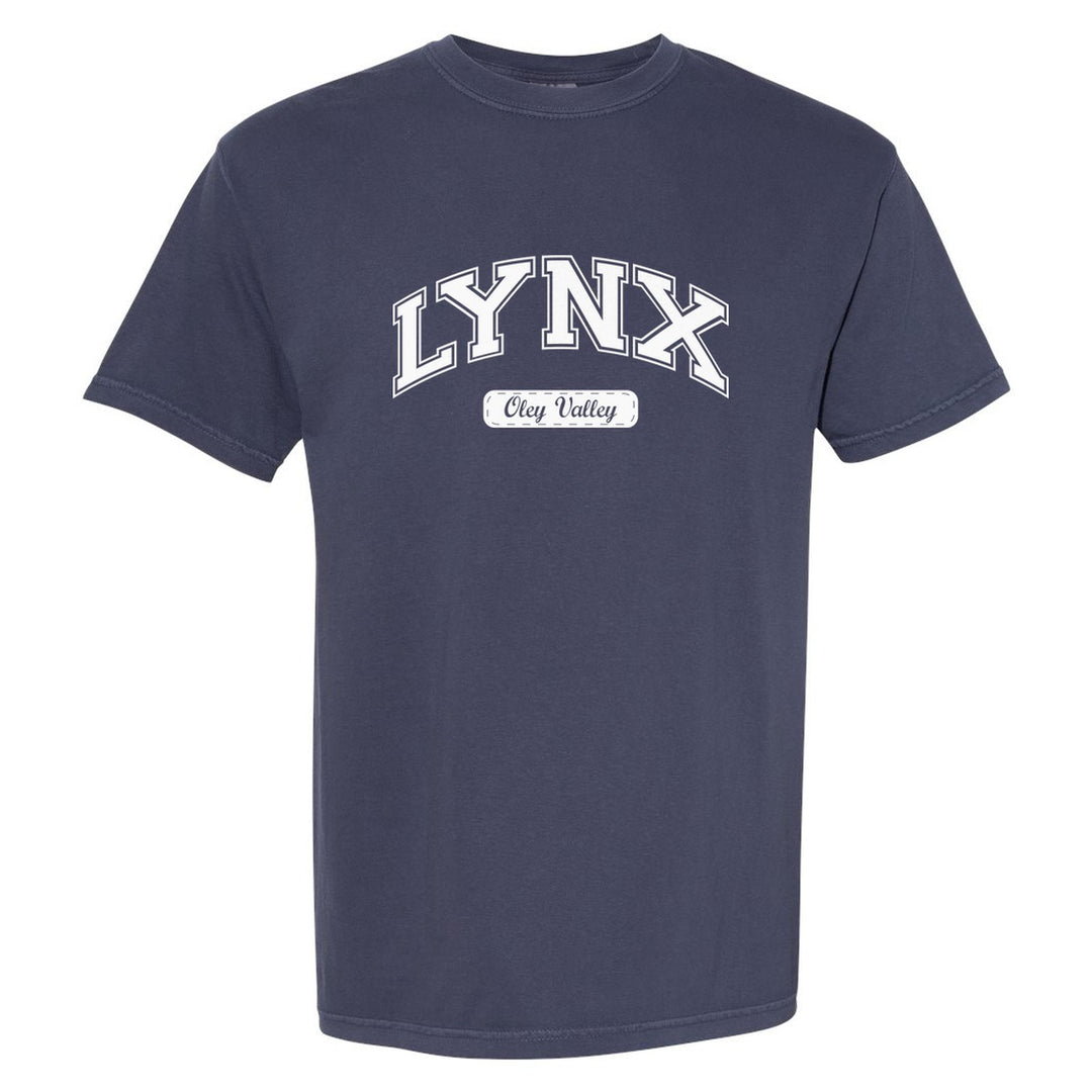 Oley Valley Lynx Varsity Arch comfort colors t-shirt in Navy: arched varsity LYNX lettering over an Oley Valley script badge