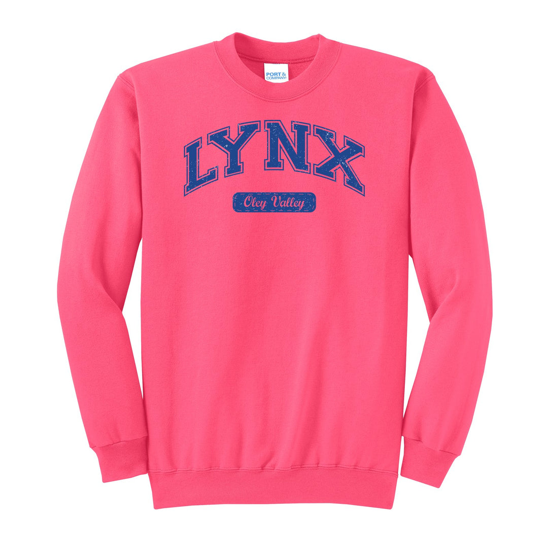 Oley Valley Lynx Varsity Arch crewneck sweatshirt in Neon Pink: arched varsity LYNX lettering over an Oley Valley script badge