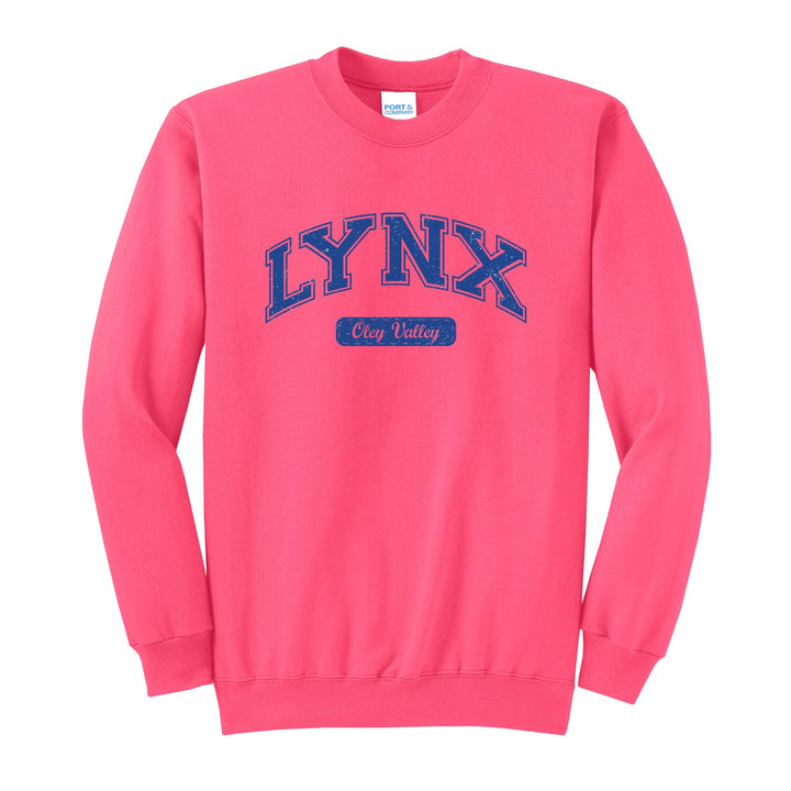 Oley Valley Lynx Varsity Arch crewneck sweatshirt in Neon Pink: arched varsity LYNX lettering over an Oley Valley script badge