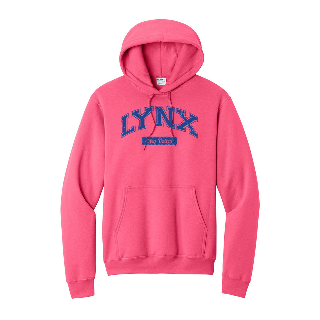 Oley Valley Lynx Varsity Arch hoodie in Neon Pink: arched varsity LYNX lettering over an Oley Valley script badge