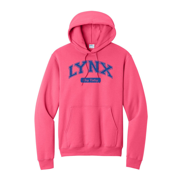 Oley Valley Lynx Varsity Arch hoodie in Neon Pink: arched varsity LYNX lettering over an Oley Valley script badge