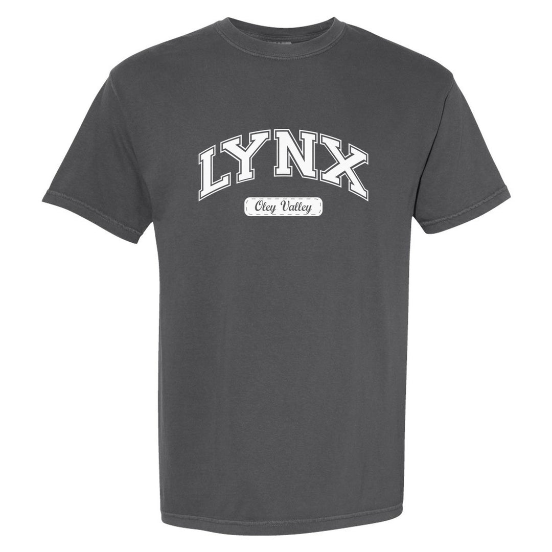 Oley Valley Lynx Varsity Arch comfort colors t-shirt in Pepper: arched varsity LYNX lettering over an Oley Valley script badge