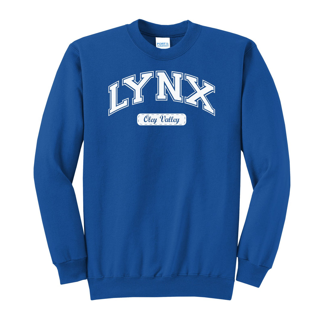 Oley Valley Lynx Varsity Arch crewneck sweatshirt in Royal: arched varsity LYNX lettering over an Oley Valley script badge