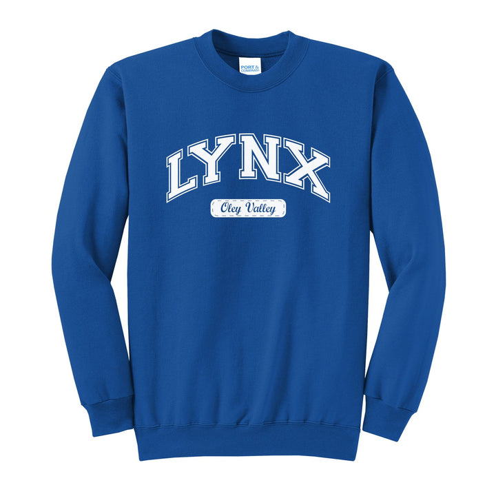 Oley Valley Lynx Varsity Arch crewneck sweatshirt in Royal: arched varsity LYNX lettering over an Oley Valley script badge