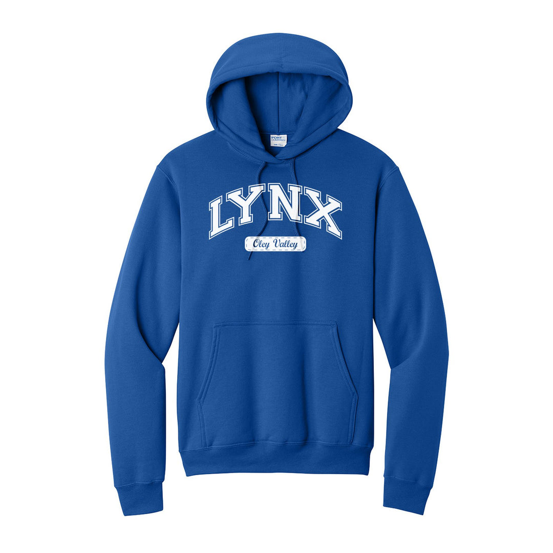 Oley Valley Lynx Varsity Arch hoodie in Royal: arched varsity LYNX lettering over an Oley Valley script badge