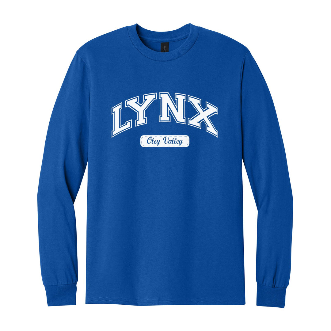 Oley Valley Lynx Varsity Arch long sleeve t-shirt in Royal: arched varsity LYNX lettering over an Oley Valley script badge