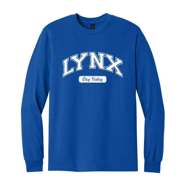 Oley Valley Lynx Varsity Arch long sleeve t-shirt in Royal: arched varsity LYNX lettering over an Oley Valley script badge